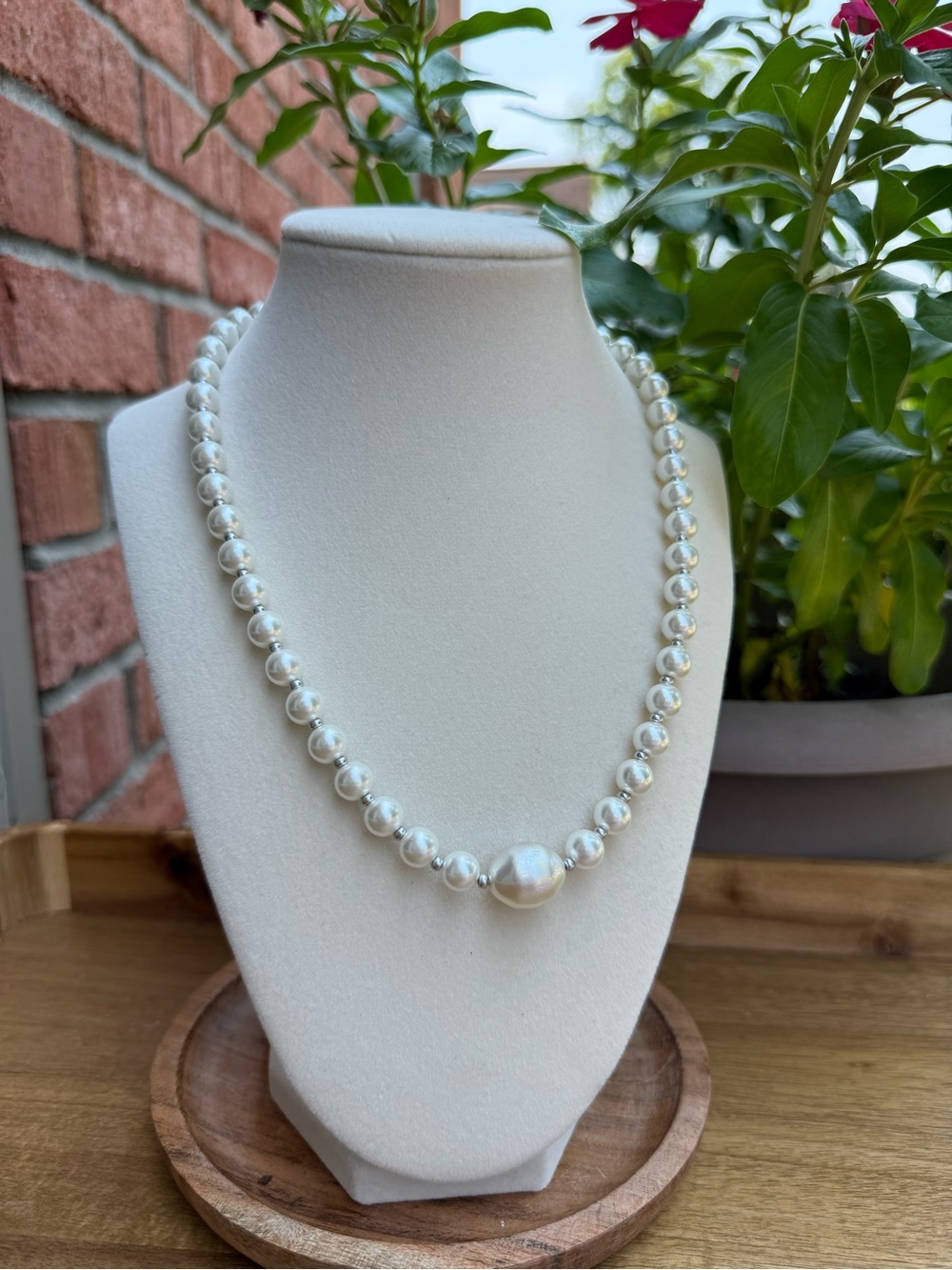 Faux Pearl & Silver Beaded Statement Necklace – 18” with Large Baroque Faux Pear